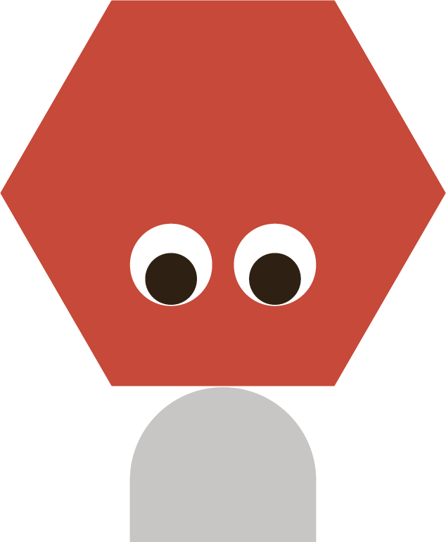 Illustration aus geometrischen Formen in Rot und Grau mit abwechselnd nach oben und unten blickenden Augen