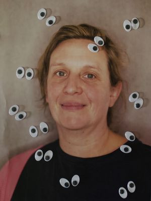 Graue Illustration mit Augen für Team-Portraits der Schule am Auetal